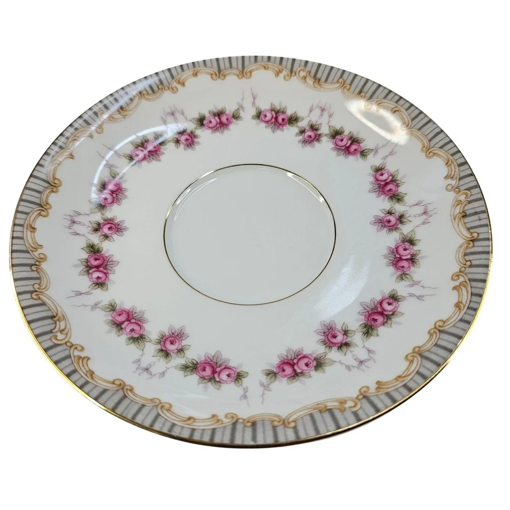 Vintage‎ Noritake China Ridgewood Saucer, Pink Rose Garland, Gold Accent